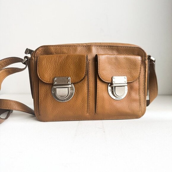 FOSSIL Riley Camel Brown Leather Messenger Bag Purse Crossbody  NEW - Picture 2 of 7